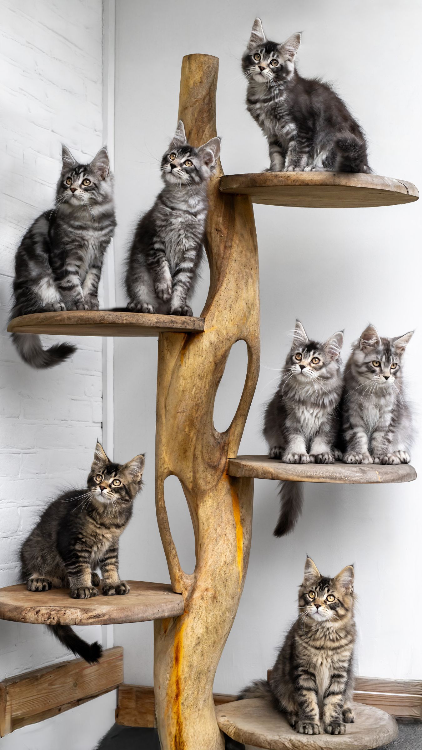 Zeven Maine Coon-kittens samen op een houten kattenboom