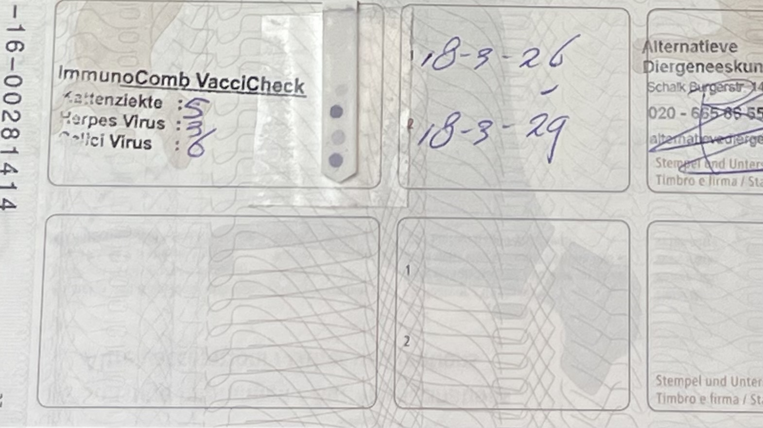 Ingevulde ImmunoComb VacciCheck uitslag: kattenziekte 5, Herpes virus 3, Calici virus 6